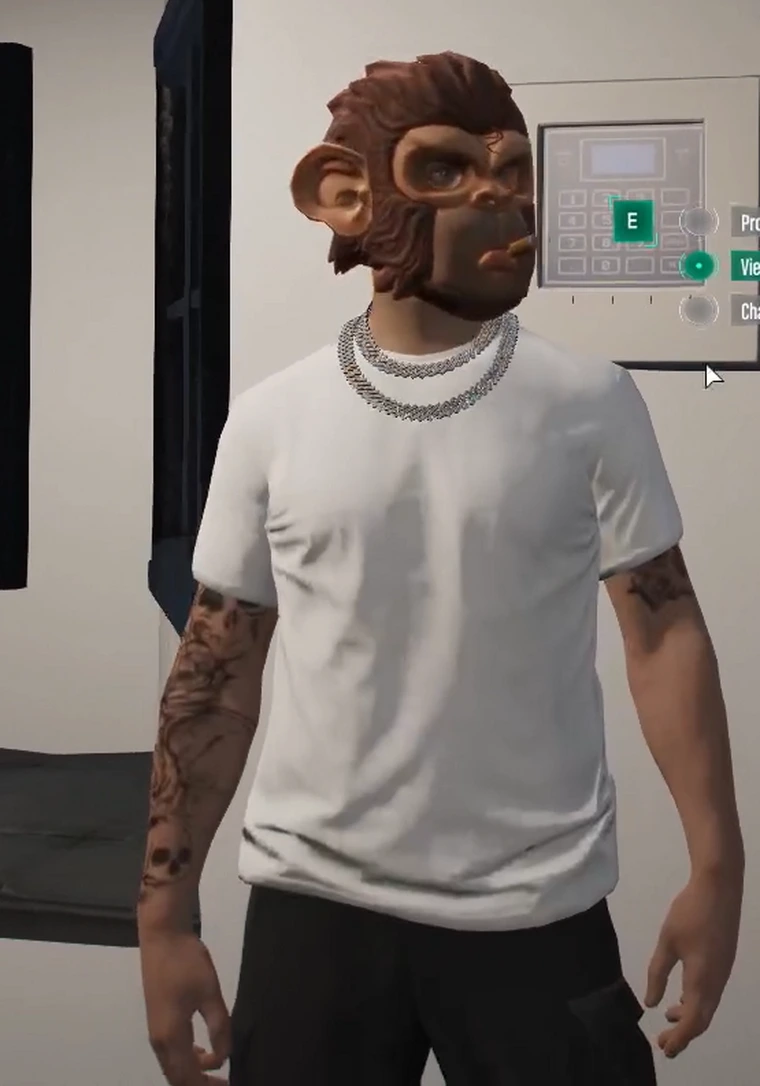 Flippy — monkey mask and white tee